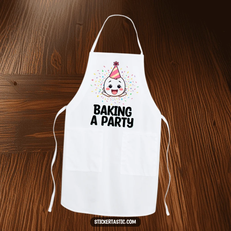 Funny apron showcasing a happy cartoon character with a party hat, exploding in colorful confetti, perfect for culinary celebrations.