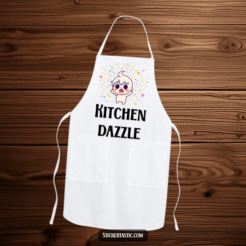 Funny apron showing a surprised cartoon character recoiling from a glitter bomb explosion, perfect for humorous cooking.