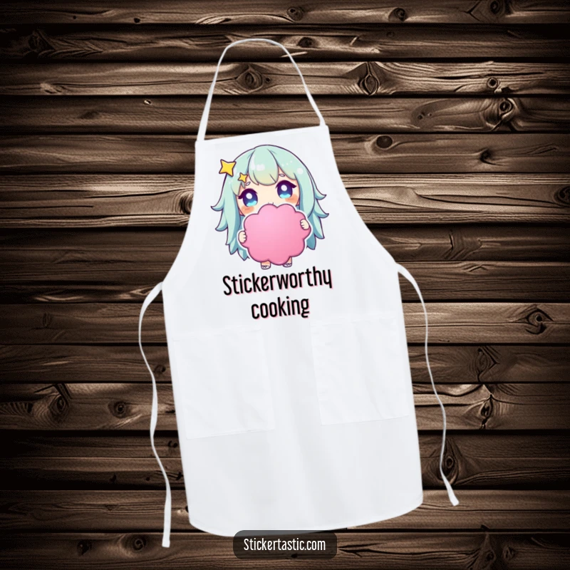 Funny starry-eyed character apron with a character holding a huge, colorful sticker, perfect for creative kitchen fun.