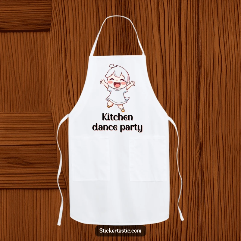 Funny apron with a joyful character performing an energetic dance move, perfect for kitchen choreography.