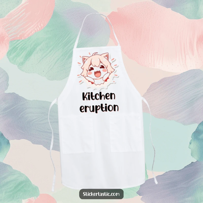 Funny Apron: Excited character bursting out of a sticker, looking ready to cook. Great funny gift.