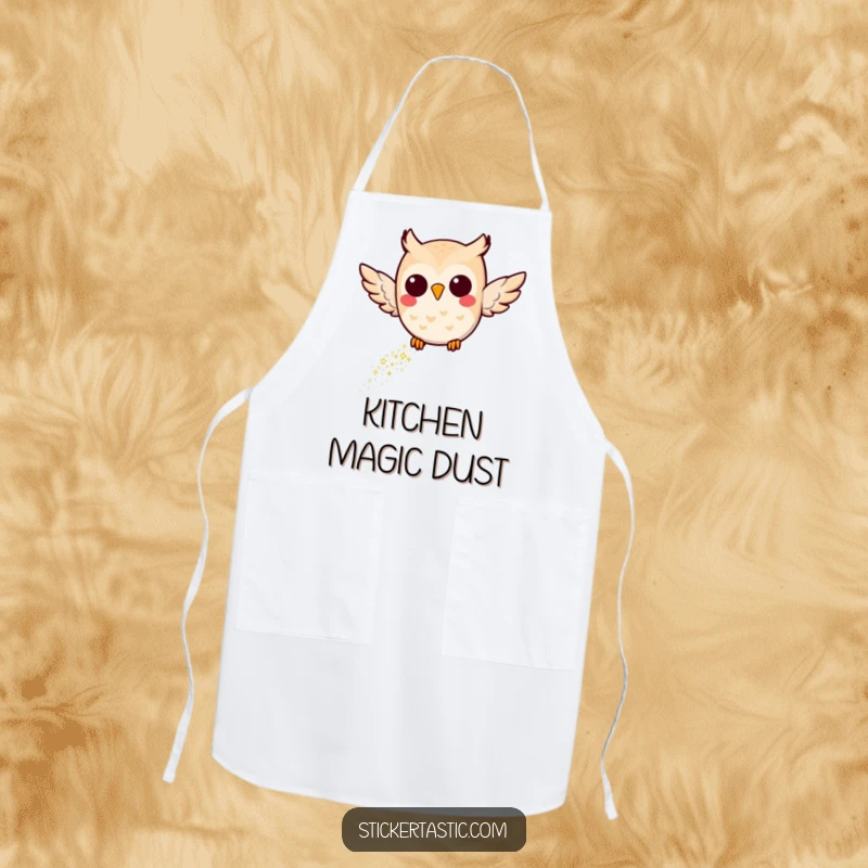 Funny Joyful Owl Apron: A magical owl flying with a glitter trail, designed for kitchen fun and protection, adding enchantment to cooking.