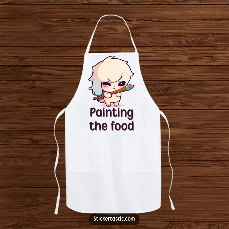 Funny apron showing a mischievous cartoon character winking while holding a rainbow paintbrush, perfect for creative cooking.