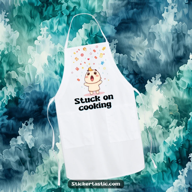 Funny apron showcasing a surprised character beneath a shower of stickers, ideal for kitchen humor and protection.