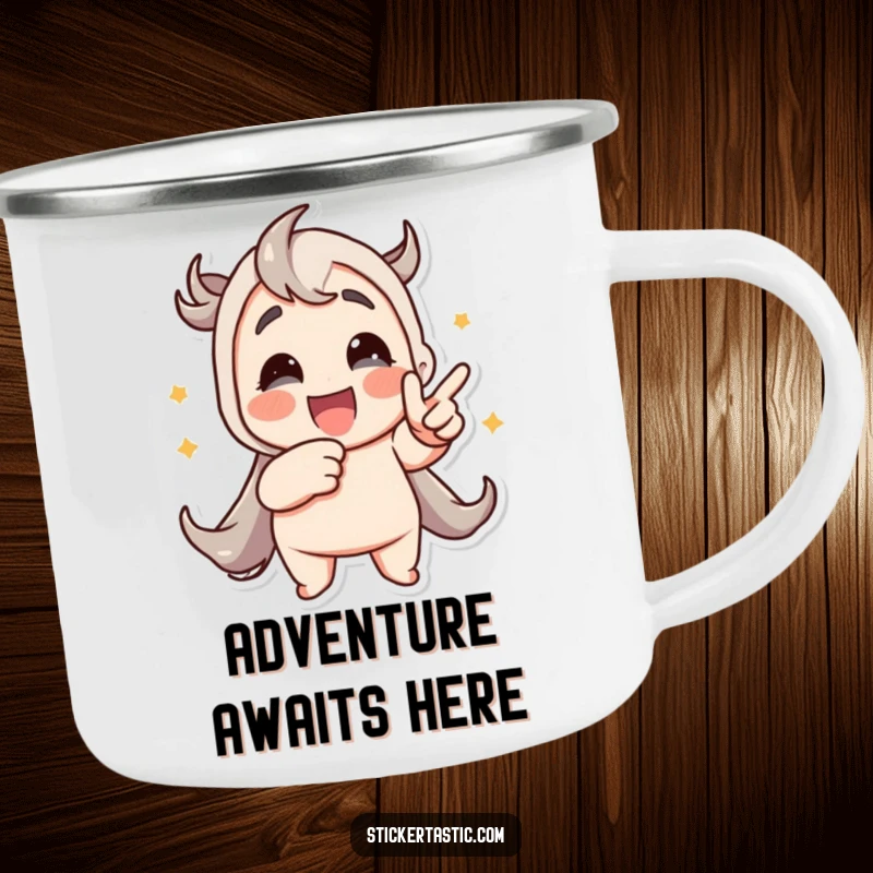 Funny camping mug with a character pointing at an animated sticker, designed for outdoor enthusiasts and sticker lovers.