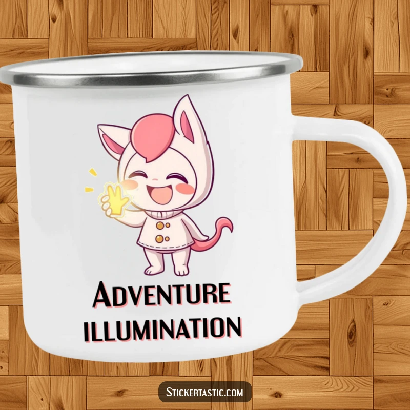 Funny camping mug with a mischievous giggling character offering a glowing sticker, perfect for outdoor humor.