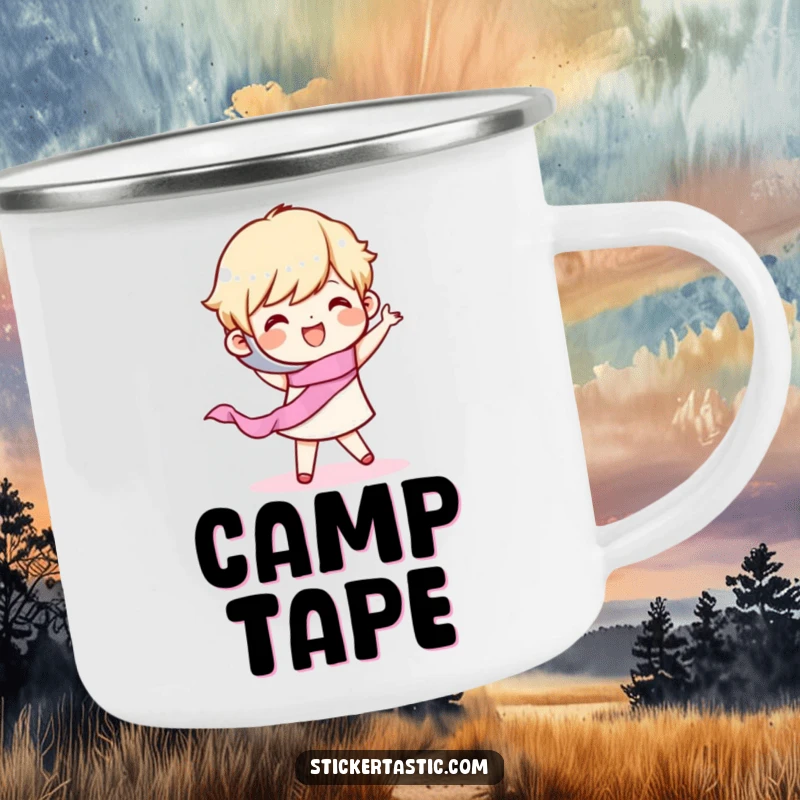 Funny Camping Mug: Character happily dancing with a roll of tape, bringing fun to outdoor organization. A unique funny gift.