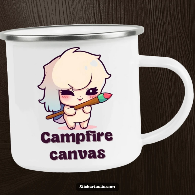 Funny camping mug featuring a mischievous cartoon character winking while holding a rainbow paintbrush, perfect for outdoor art.