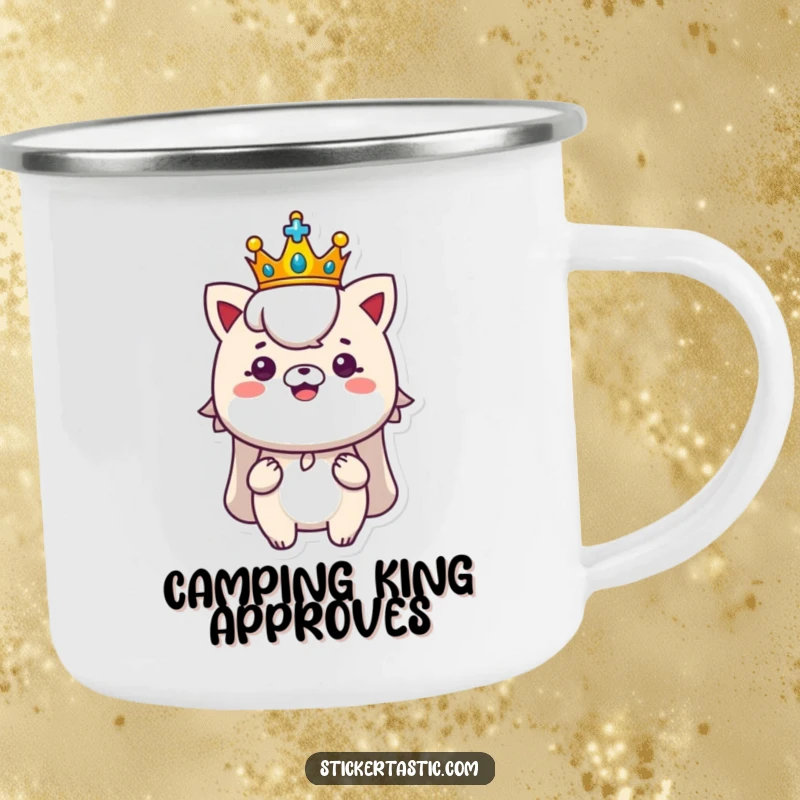 Funny royal camping mug with a character wearing a tiny crown proudly displaying a shiny new sticker, ideal for regal outdoor humor.