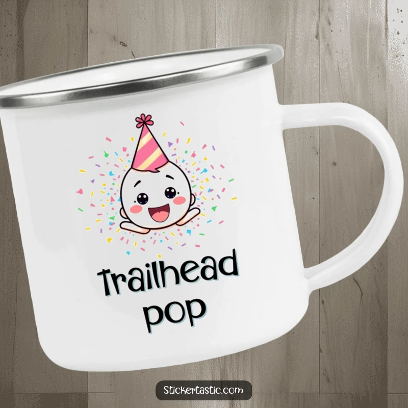Funny camping mug featuring a happy cartoon character with a party hat, exploding in colorful confetti, perfect for outdoor celebrations.