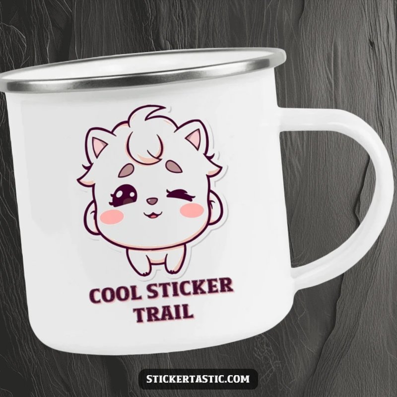 Funny camping mug showing a character wiggling eyebrows under a cool sticker, perfect for outdoor enthusiasts who appreciate a playful design.