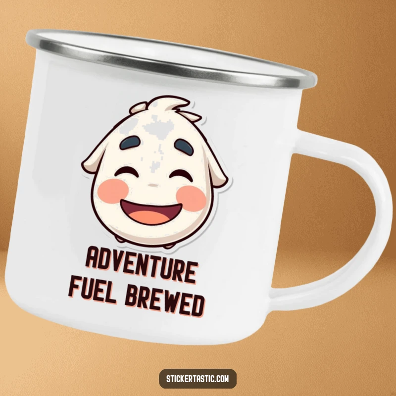 Funny Camping Mug: Character wiggling eyebrows under a cool sticker, perfect for outdoor adventures and humorous brews.