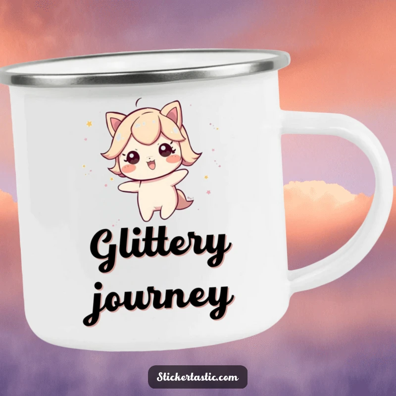 Funny Camping Mug: Character leaving a shimmering trail of glittery dust, ideal for magical outdoor trips. A unique funny gift.