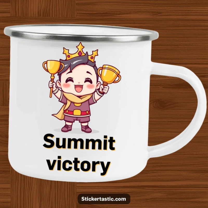 Funny camping mug featuring a victorious cartoon character striking a triumphant pose with a trophy, perfect for outdoor wins.