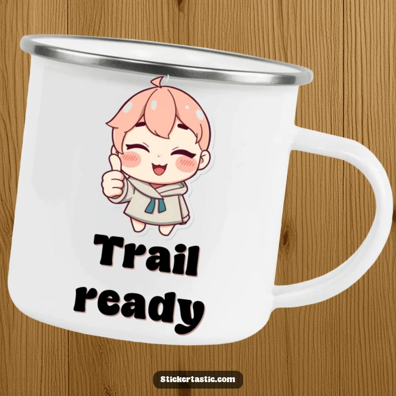 Funny Camping Mug: Character winking and giving a thumbs up with a sticker, ready for outdoor fun. Perfect funny gift.