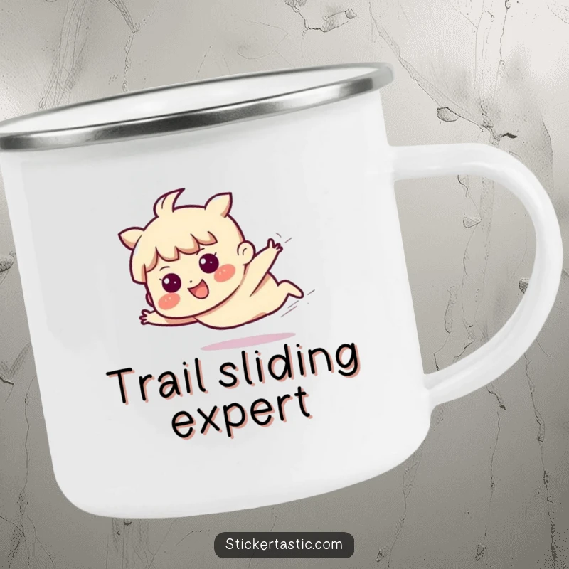 Funny camping mug showing a character sliding with a happy, determined expression, capturing a moment of joyful momentum.