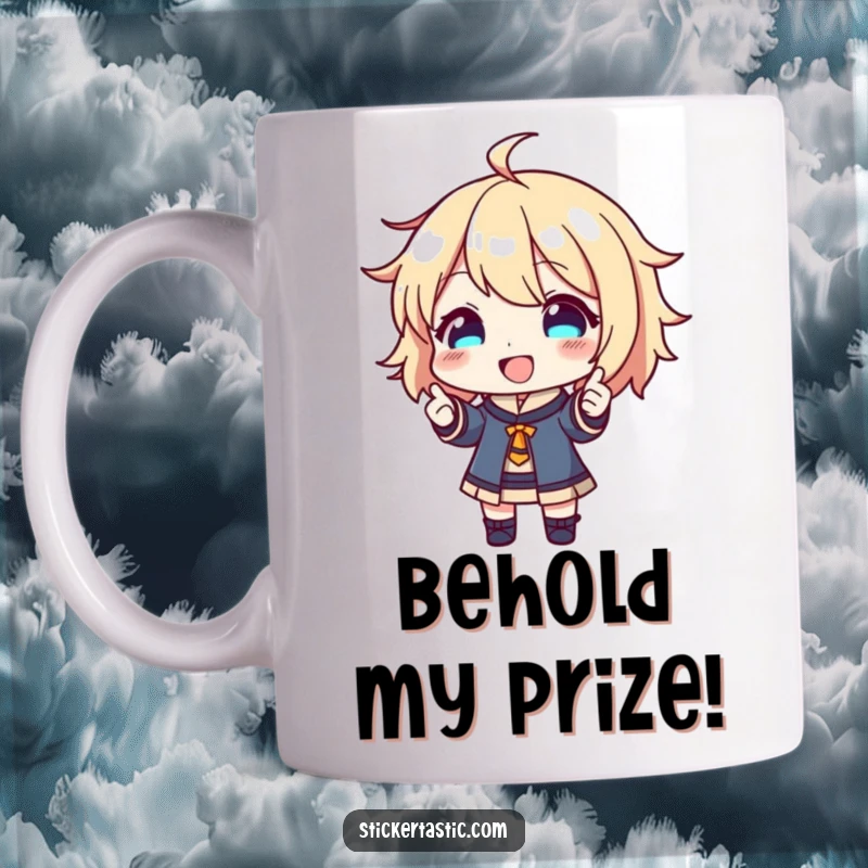 Funny Mug: Happy character proudly showing off a shiny new sticker, radiating delight. Ideal funny gift for collectors.