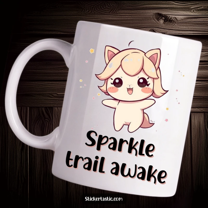 Funny Mug: A playful character leaving a shimmering trail of glittery dust, spreading magic and fun. Ideal funny gift.