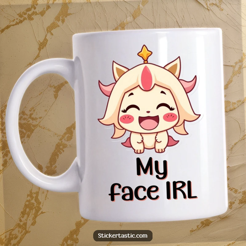 Funny Mug showing a stylized character with an enormous, infectious beaming smile, radiating pure happiness and good vibes.
