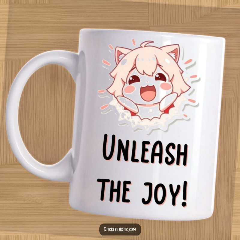 Funny Mug: Excited character bursting out of a sticker with a vibrant expression. Ideal funny gift for surprise lovers.
