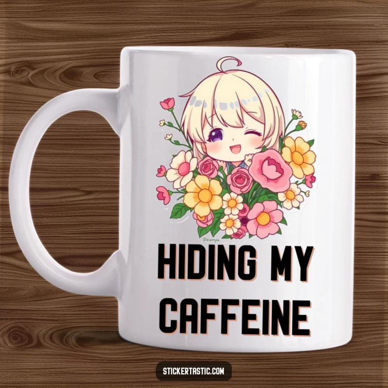Funny character playfully peeking from behind a colorful bouquet of stickers on a ceramic mug, symbolizing curiosity and fun, a perfect gift.