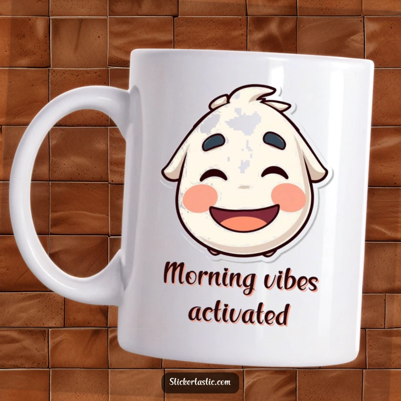 Funny Mug: Character playfully wiggling eyebrows under a cool sticker, exuding a mischievous and cheeky personality.