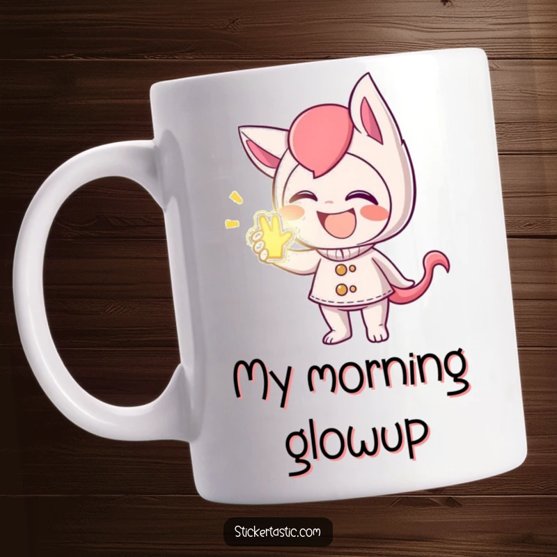 Funny mug with a mischievous character giggling and handing out a glowing sticker, perfect for a playful personality.