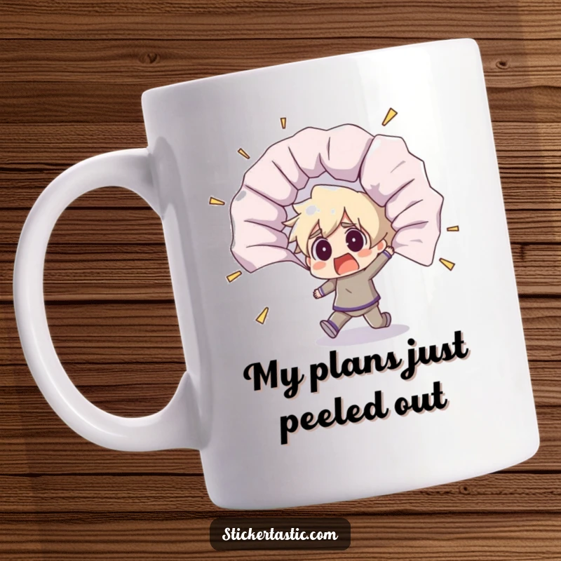Funny mug showing a shocked character stumbling back from a huge, unfurling sticker in a comical, startling moment.