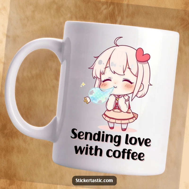 Funny Mug with a character blowing a kiss towards a floating, shimmering sticker, conveying affection and humor.