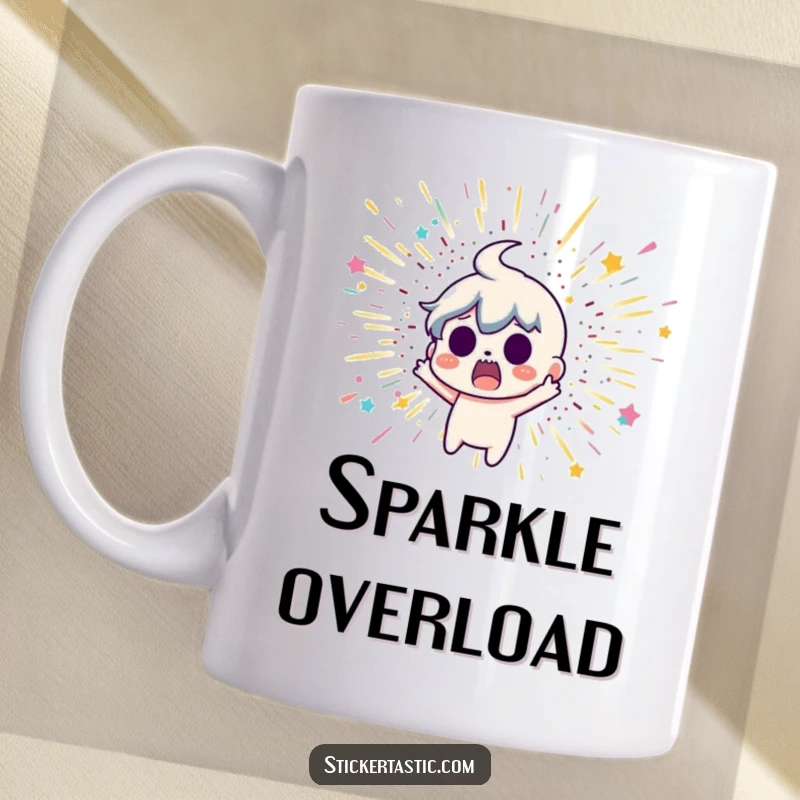 Funny mug illustration of a surprised cartoon character recoiling dramatically from a sudden, dazzling glitter bomb explosion.