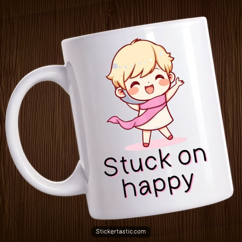 Funny Mug: A gleeful character energetically dancing with a roll of tape, celebrating organization and fun. Ideal funny gift.