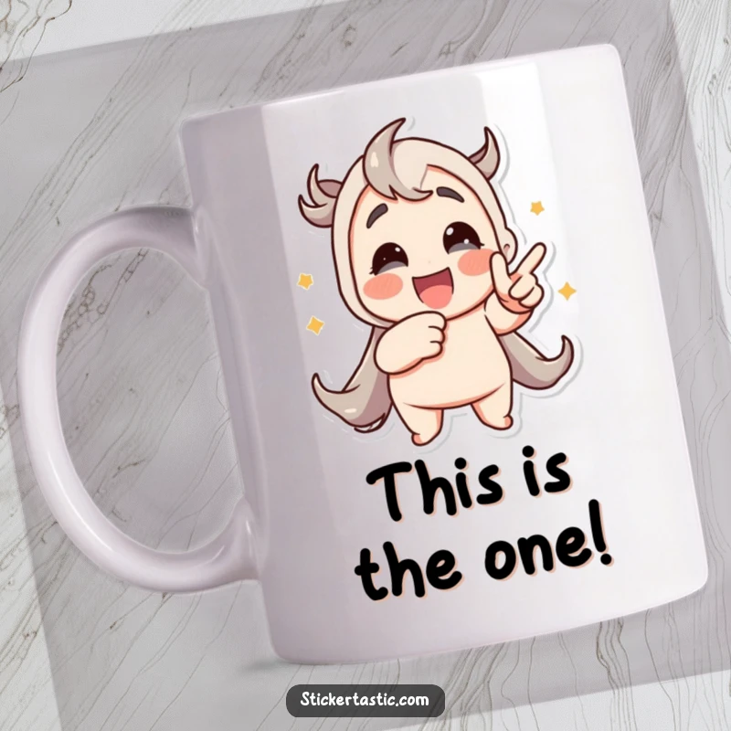 Funny mug with a cartoon character excitedly pointing at a lively, animated sticker, showcasing sticker collector joy and enthusiasm.