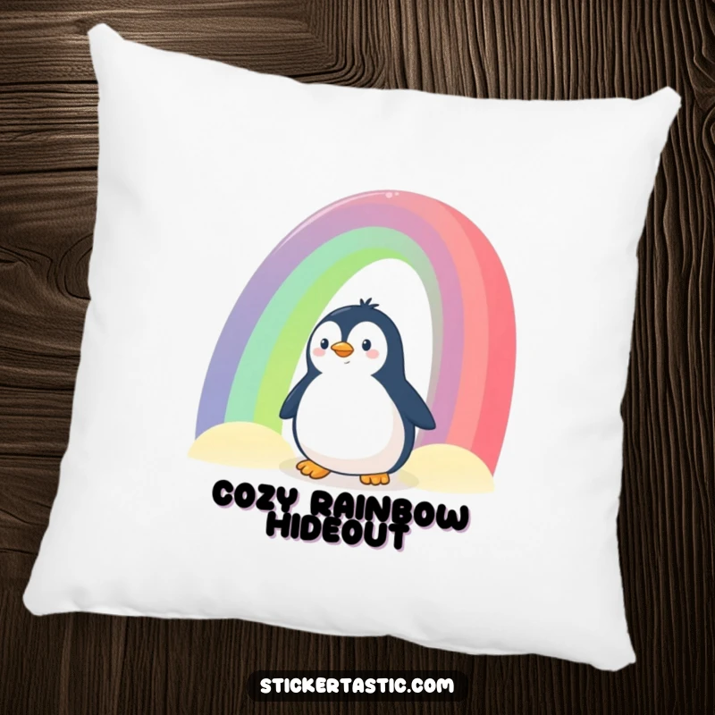 Funny Penguin Pillow: A soft pillow showcasing a curious penguin peeking from behind a giant rainbow, the epitome of cozy wonder.