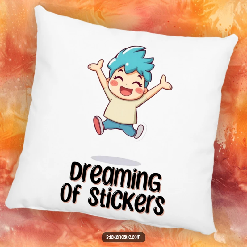 Funny character leaping with a large, shiny sticker on a plush pillow, perfect for comfort and cheerful decor.