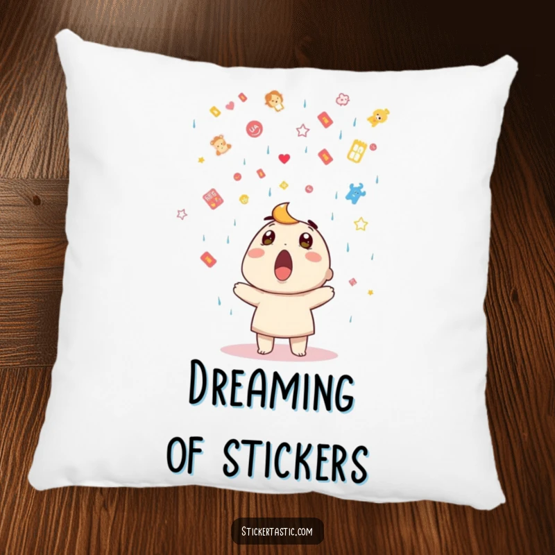 Funny pillow featuring a surprised character under a sticker shower, offering soft comfort and whimsical decor.