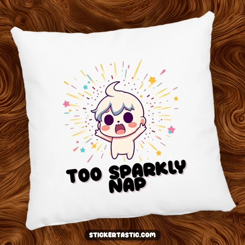Funny pillow design of a surprised cartoon character recoiling from a glitter bomb explosion, adding comfort and comic relief.