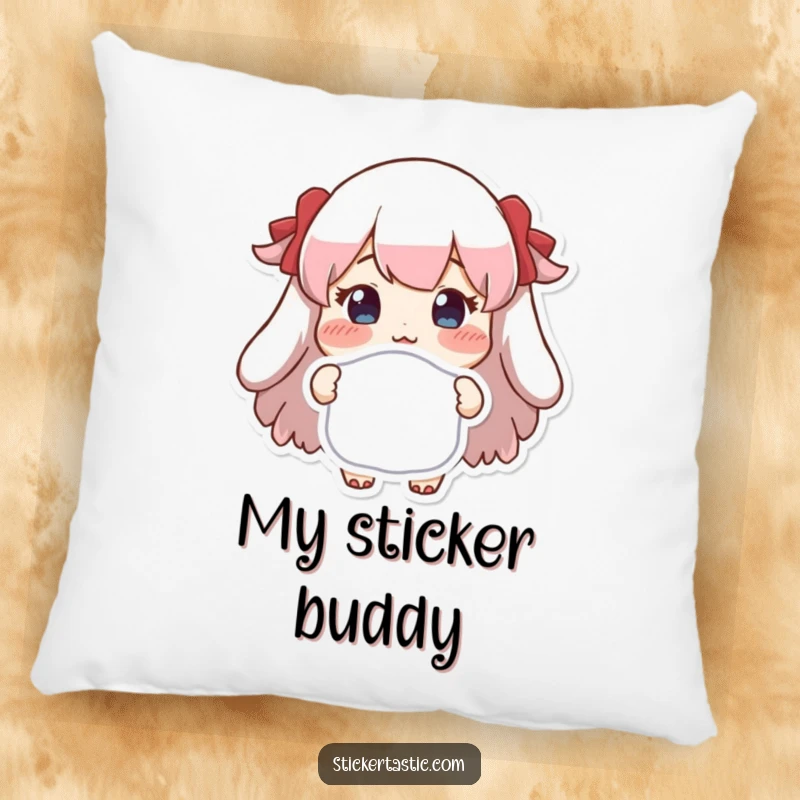 Funny pillow showing a character with rosy cheeks proudly holding a special sticker, bringing cozy cheer and proud moments.
