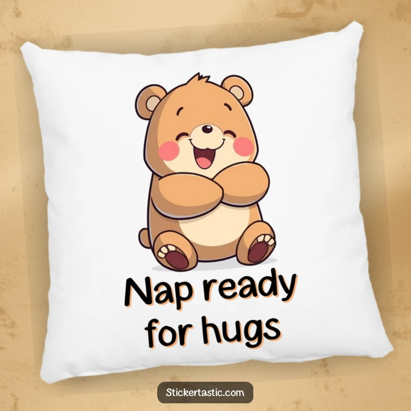 Funny pillow with a cheerful bear character giving a giant, enthusiastic hug, perfect for adding comfort, cheer, and a touch of humor.