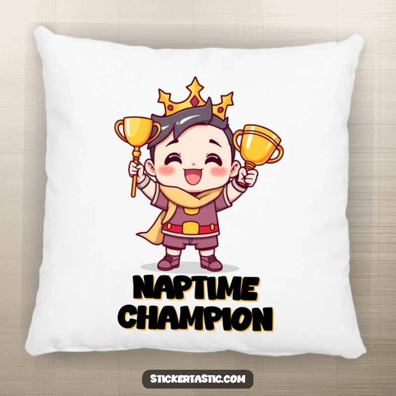 Funny pillow design of a victorious cartoon character in a triumphant pose with a trophy, offering comfort and inspiration.