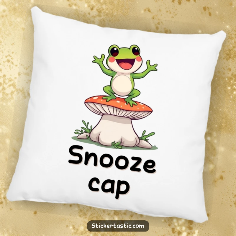 Funny frog dancing on a big mushroom, depicted as a soft, decorative pillow for a humorous and comfy touch.