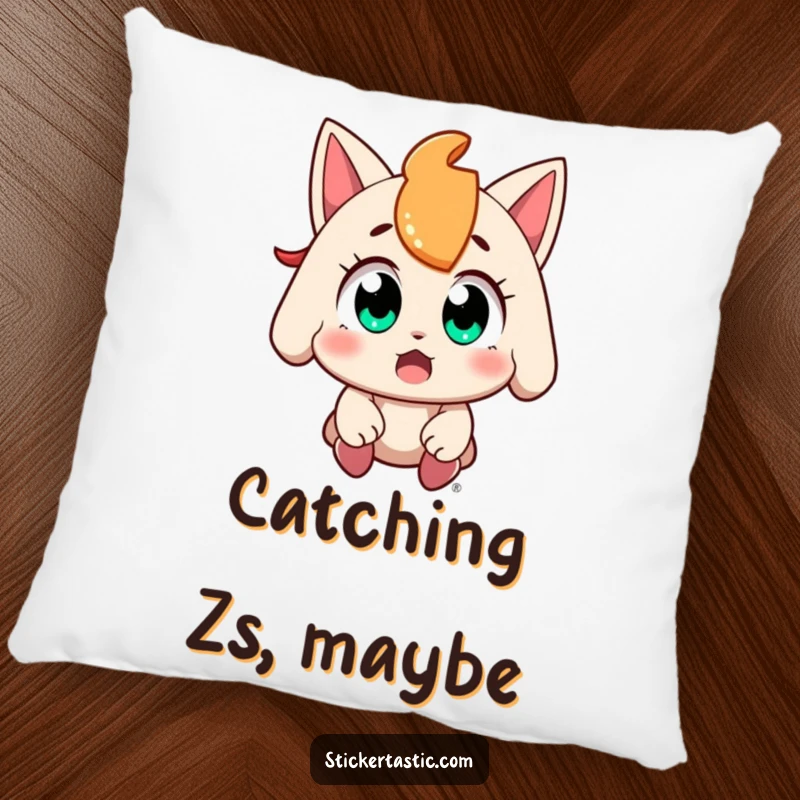 Funny character with wide, amazed eyes capturing a falling sticker on a plush pillow, offering comfort and collector's joy, a fun gift.