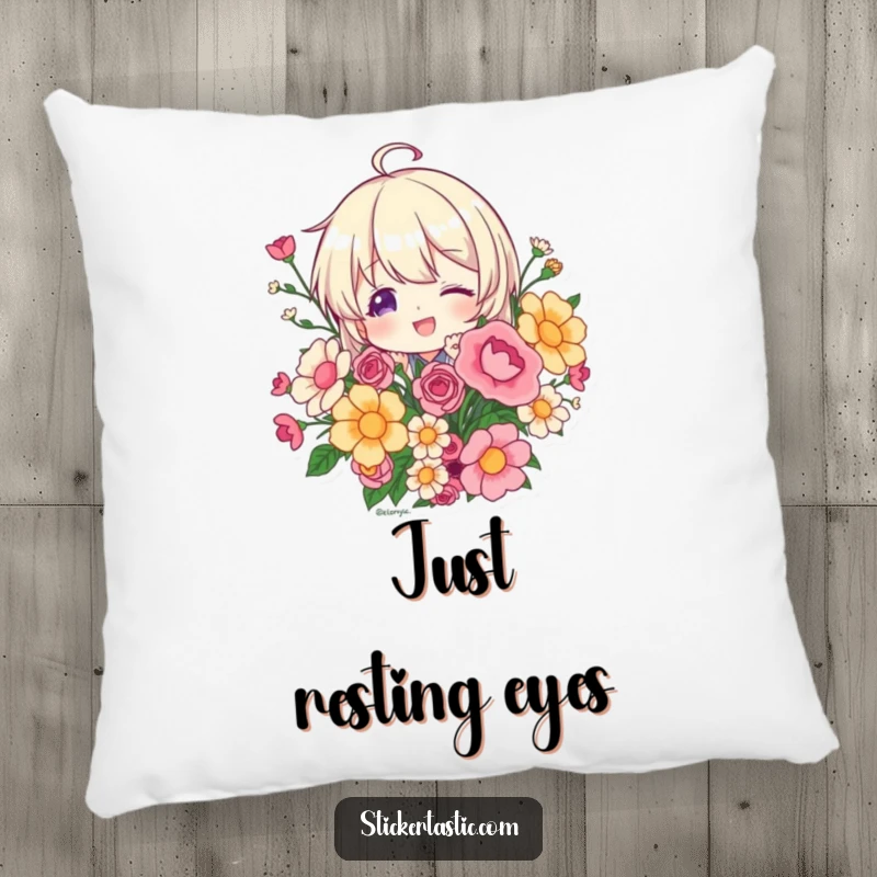 Funny character playfully peeking from behind a sticker bouquet on a plush pillow, offering comfort and a dose of hidden fun, a fun gift.