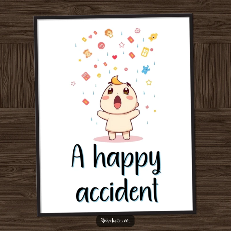 Funny digital art print of a surprised character under a sticker shower, offering instant surprise decor and cheer.