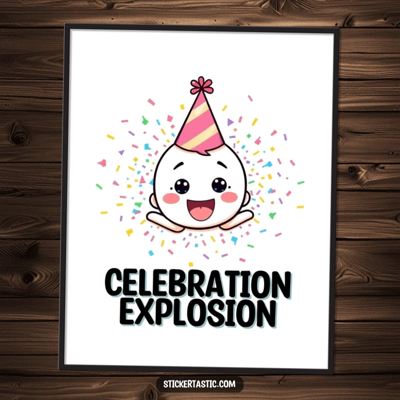 Funny digital art print of a happy cartoon character in a party hat, exploding in a joyous shower of colorful confetti.