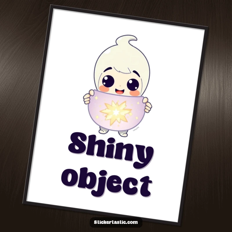 Funny Digital Art Print: Grinning character presenting a giant, sparkling sticker. Instantly downloadable fun gift.