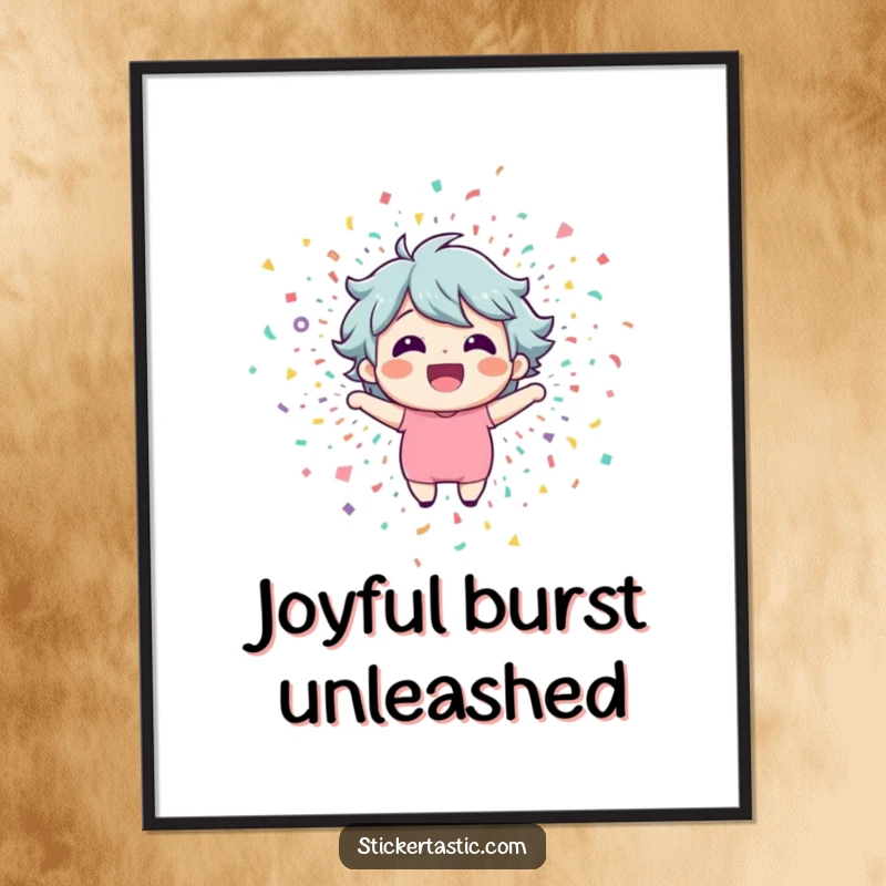 Funny digital art print of a happy character bursting triumphantly from a dazzling confetti explosion. Instant humorous decor.