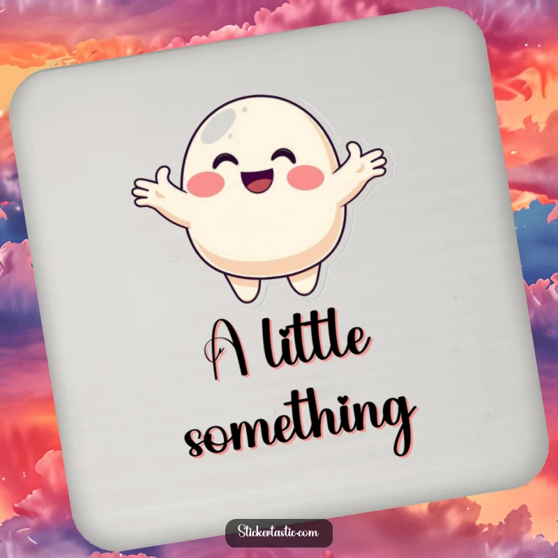 Funny blob drink coasters featuring a smiling character offering a colorful sticker, providing a humorous and protective surface that symbolizes generosity.