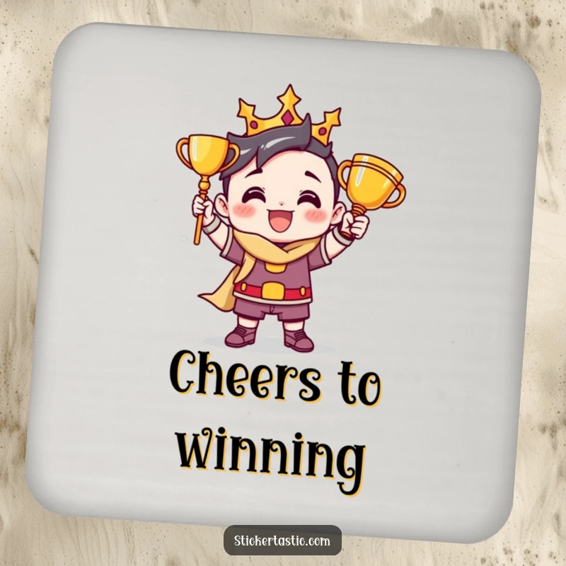 Funny drink coasters depicting a victorious cartoon character in a triumphant pose with a trophy, offering protection and style.