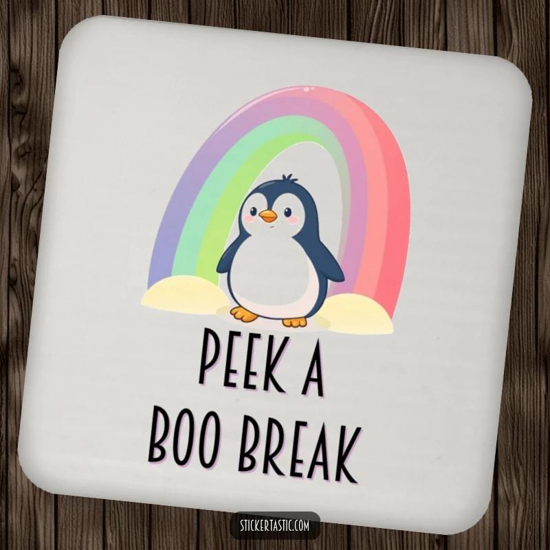 Funny Penguin Coaster: A cute image of a curious penguin peeking from behind a rainbow, protecting furniture with charm and whimsy.