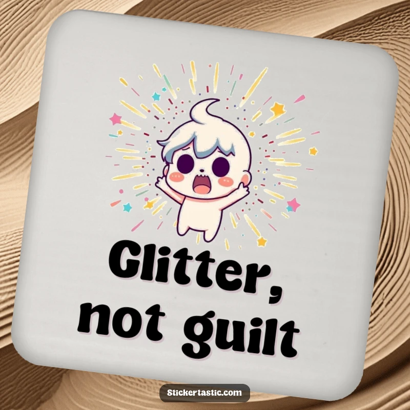 Funny drink coasters depicting a surprised cartoon character reacting to a glitter bomb explosion, offering protection and humor.